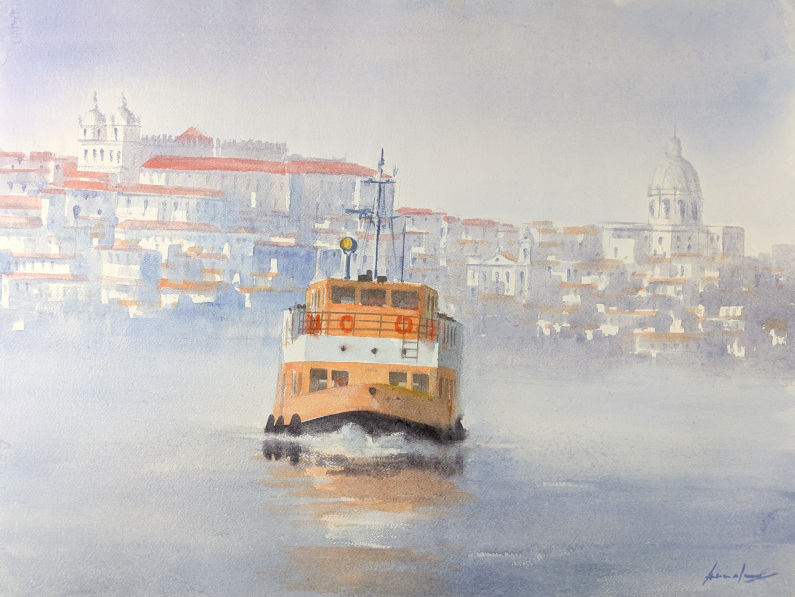 António Neves - Vista de Lisboa com Cacilheiro